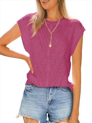 Image of Langwyqu Womens Cap Sleeve Tops Summer Crew Neck Shirt Lightweight Crochet Knit Sweater