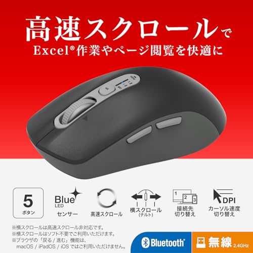 バッファロー ワイヤレス マウス 静音 高速スクロール 横スクロール チルト 5ボタン BlueLED Bluetooth 無線 マルチペアリング 3台 【 Windows/mac/Chromebook/iOS/iPadOS/Android 対応 】 ブラック BSMBB705BK