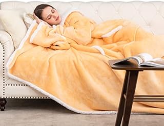 HBselect Wearable Blanket with Sleeves, Soft Fluffy Sherpa Plush Snuggle Slankets Blanket Throws for Sofa Warm Fleece Blanket for Women & Adult, Goose Yellow, 170×200cm