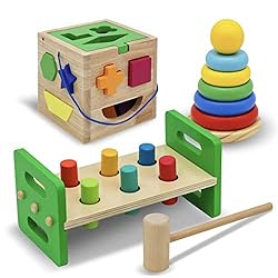 WALIKI Pounding Bench with Hammer, Wood Shape Sorter Box, Rainbow Stacker Complete Set (3 Wooden Toys Bundle)