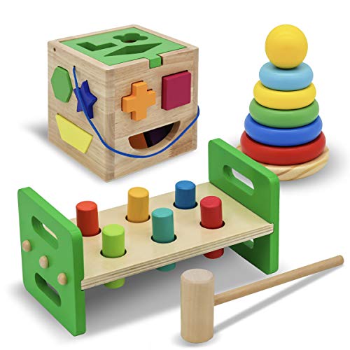 Image of WALIKI Wooden Toy Pack for Kids | Pounding Bench, Shape Sorter Box & Rainbow Stacker | Montessori Developmental Toys for Toddlers & Preschoolers | Ages 2-5 | Educational Gift