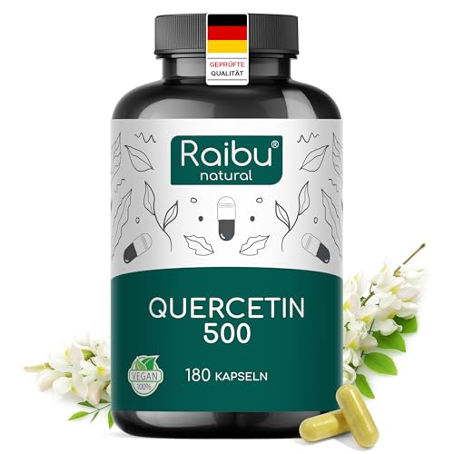 Quercetin Hochdosiert - 180 Kapseln - 500 mg Quercetin pro Kapsel - Vorrat für 6 Monate - Hochwertiger Rohstoff: Japanischer Schnurbaum - Ohne Zusätze & Vegan- Raibu