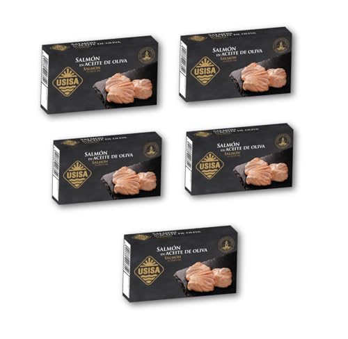 Salmones ahumados y marinados | Usisa - Conserva De Pescado Delicioso Salmón En Aceite De Oliva - Pack De 5 Latas De 85 G Cada Una Rico En Omega-3 Y Listo Para Disfrutar.