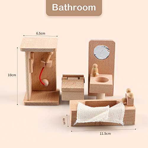 5 Set Dollhouse Furniture Accessories Wooden Bathroom/Living Room/Dining Room/Bedroom/Kitchen House 6 Family Doll Decoration Pretend Play Kids Christmas Birthday Gifts for Girls Toys 40 Pcs - Thumbnail 6
