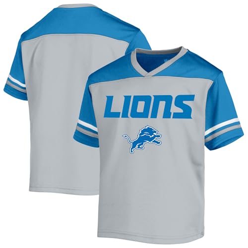 NFL Kids Youth 8-20 Officially Licensed Team Color V-Neck Wordmark Performance Primary Logo Jersey T-Shirt (Detroit Lions Gray, 14-16)
