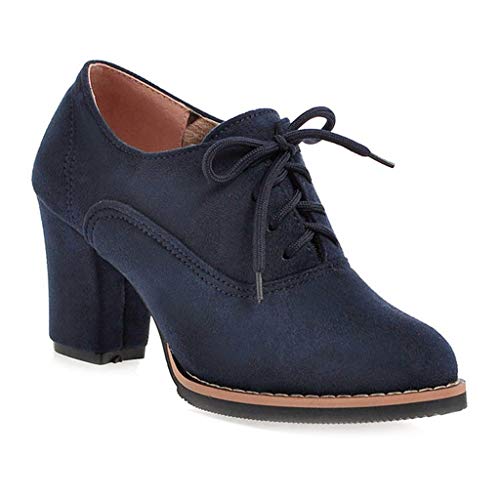 MIOKE Women's Lace Up Pump Oxfords Fashion Round Toe Suede Comfort Chunky Mid Heels Dress Shoes Ankle Boots Navy Blue