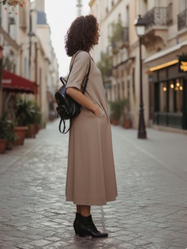 Image of Varanga Casual Flowy Midi Dress for Women | Solid Beige A-Line Maxi Dress with Collar & Pockets | Comfortable Summer Dress for Women