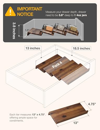 Tinamo Acacia Wooden Spice Rack Organizer for Cabinet - Spice Drawer Insert, Spice Organization for Cabinet, Seasoning Organizer, Spice Holder Pack of 4 (Walnut, Pack 4)