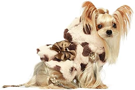 Fitwarm Fluffy Faux Fur Polka Dot Dog Dresses with Bowknot Doggie Dot Dress Button Girl Dog Coats Pet Jackets Cat Winter Clothes Hoodie Sweatshirt Brown Medium