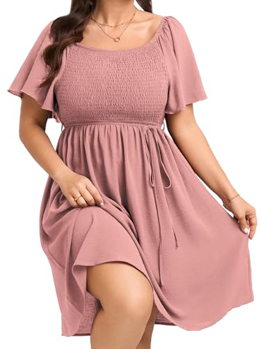 Image of SCOMCHIC Womens Plus Size Summer Dresses Casual Short Sleeve Smocked Square Neck Tie Waist Flowy A Line Mini Sun Dress