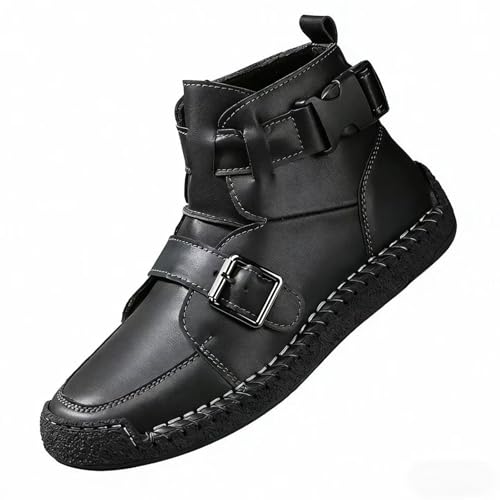 Botas ortopédicas de cuero para hombre, informales, de ajuste ancho, con correa de doble hebilla, unisex, cómodas, de gran tamaño, para exteriores, senderismo, senderismo, gimnasio, calzado, Black, 42