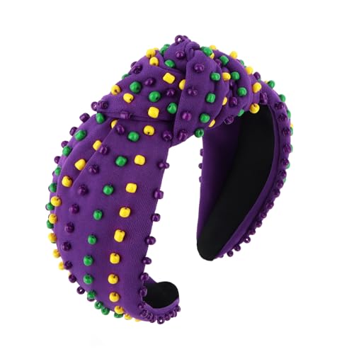 YISSION Mardi Gras Knotted Beaded Wide Headband for Adults - Purple Green Yellow Festival Hair Accessory for Parade Costume Party & Celebration
