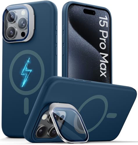 Image of Vihibii for iPhone 15 Pro Max Case, [Compatible with MagSafe], Built-in Transparent Lens Cover & Camera Stand, Full-Body Shockproof Soft Silicone Rubber Phone Cover with Microfiber Lining, Dark Blue