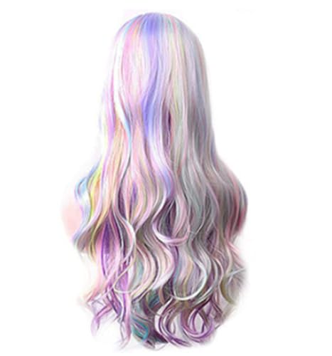Image of KOLIGHT 27inch Women's Cosplay Wig Middle Part Big Wave Synthetic Heat-Resistant Fiber Full Head Wig for Costume Party Halloween with Cap+Comb (Pinkish green)