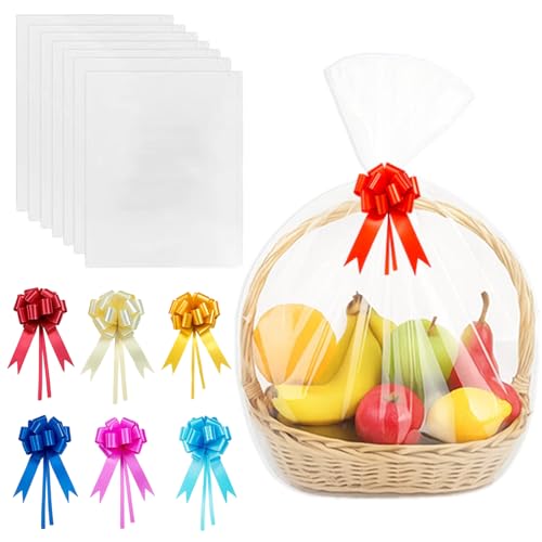 Geschenkfolie Transparent, 7 Geschenktüten Mit Schleifen 60cm x 90cm, Ideal Für Hochzeiten, DIY-Projekte Und Blumenverpackung, Cellophantüten Groß Und Stabil