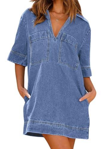 CHARTOU Women Loose Denim Dress Short Sleeve Casual Summer Dress Turn Down Pullover Vintage Tunic Jean Dress