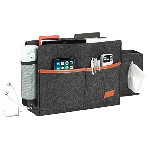 Surblue Bedside Pocket Felt Bedside Storage Hanging Bag with Tissue Case and Water Bottle Pouch for Mattress Sofa Bunk Bed Handrail Dark Grey