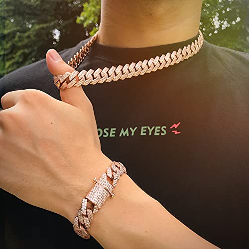 Py Bling Hip Hop Mens Full Iced Out 15Mm 18K Golden/White Rose Golden Plated Cz Miami Cuban Link Chain Choker 18"-24" Necklace Or 7.5"-8.5" Bracelet With Gift Box (Rg,8.5) #TOP4