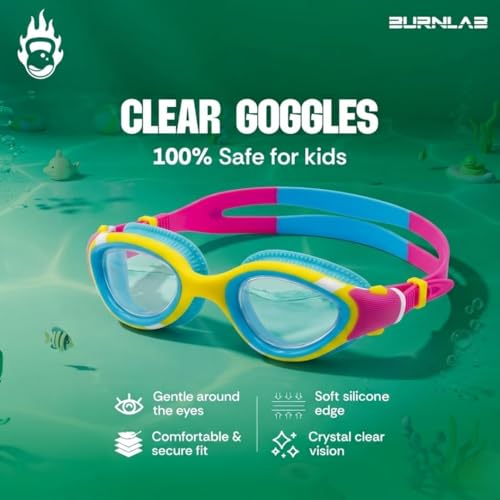 Image of BURNLAB Swimming Goggles for Kids, Clear Vision Pool Goggles for Boys & Girls, Easy Adjustable Strap (Blue and Yellow)
