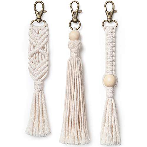Mkono Mini Macrame Keychains Boho Bag Charms with Tassels Handcrafted Accessory for Car Key Holder, Purse, Phone Wallet,Valentine,s Day Party Supplies Gift, White, 3 Pack