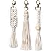 Mkono Mini Macrame Keychains Boho Bag Charms with Tassels Christmas Handcrafted Accessory for Car Key Holder, Purse, Phone Wallet,Unique Xmas Decorations Gift,White, 3 Pack