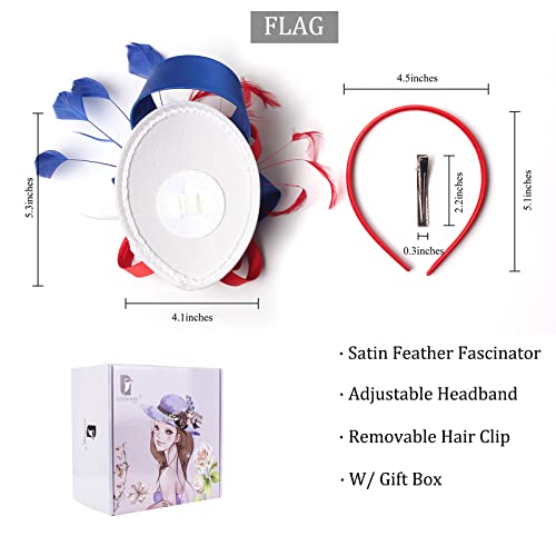 FELIZHOUSE Fascinator Hats for Women 4th of July Patriotic Color Feather Cocktail Hats Headband (US Flag Color Red Blue White) - Thumbnail 7