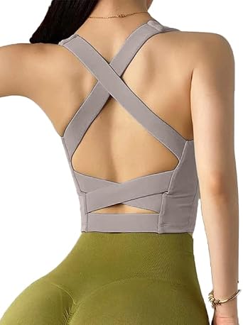 Womens Strappy Sports Bra Criss Cross Back Crop Tank Top Padded Fitness Workout Tops Longline Yoga Bras