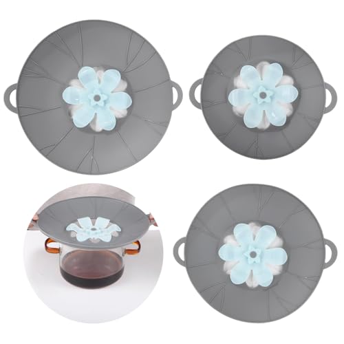 3 Pcs Silicone Spill Stopper Lids 3 Sizes Splatter Covers Reusable Lids with Flower Vent Universal Pot Covers Boil-Over Protectors Safe for Microwave Oven Stovetop Dishwasher