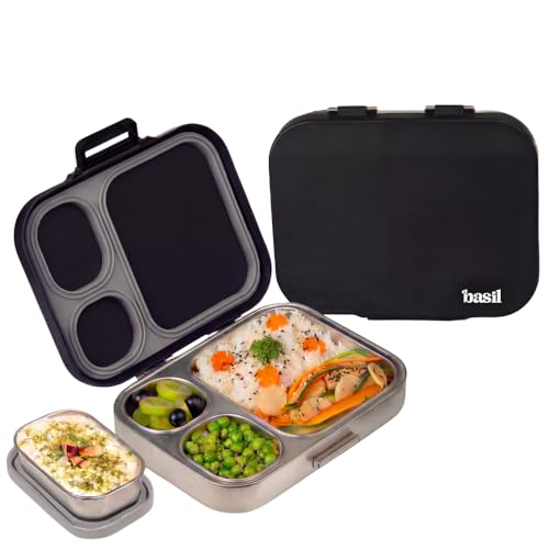 Image of Basil Bento Box Quad Plus -3+1 Compartment Stainless Steel Lunch Box (1020ml) with BPA Free Lid | Leak Proof Tiffin for Kids & Adults | Premium Lunch Box for School, Office & Picnic - Classic Black
