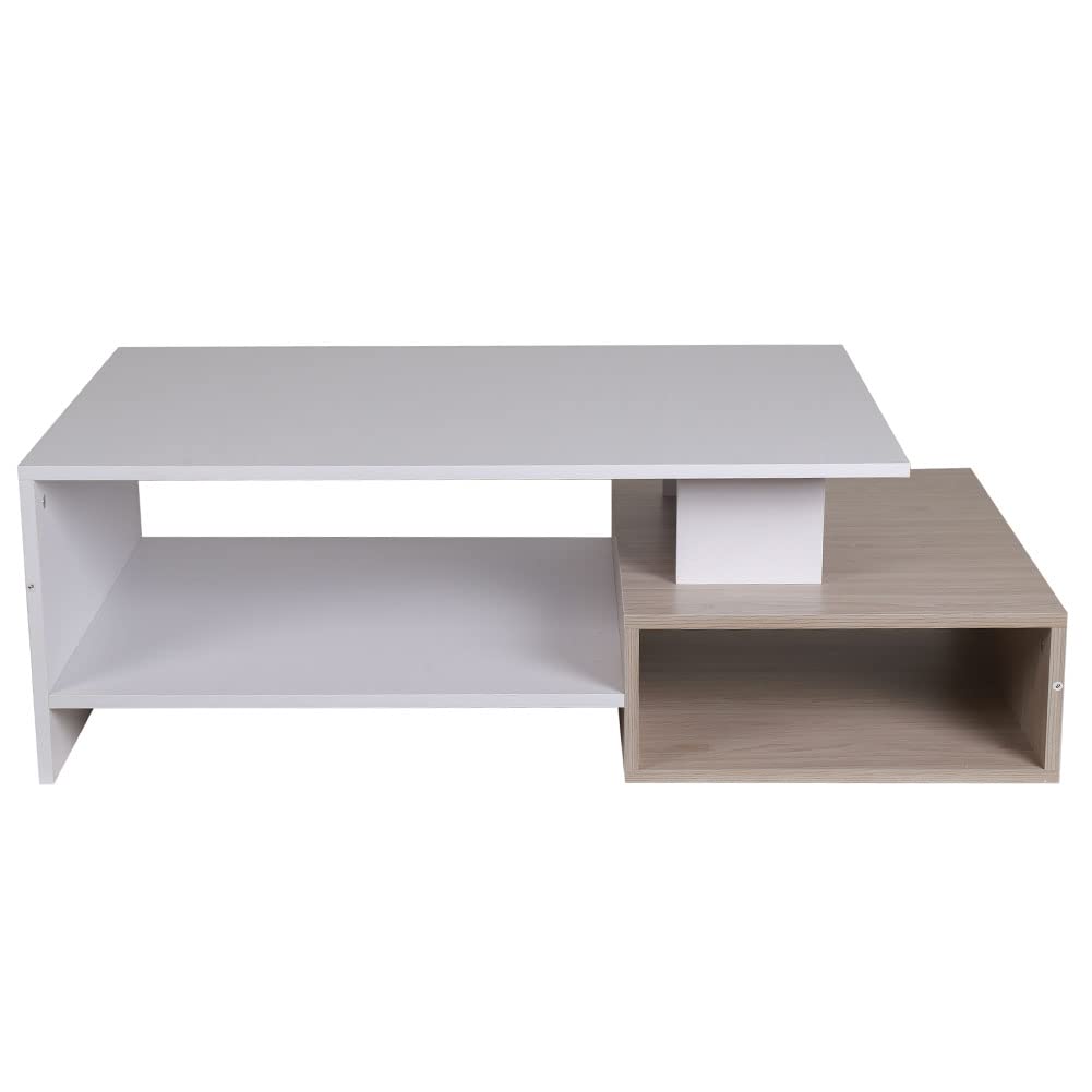 BAKAJI Tavolino Divano Tavolo Caffè da Salotto Rettangolare Design Moderno in Legno MDF con 4 Ripiani Inferiori Dimensione 106.5 x 60 x 34.5 cm Arredamento casa (Bianco e Quercia)