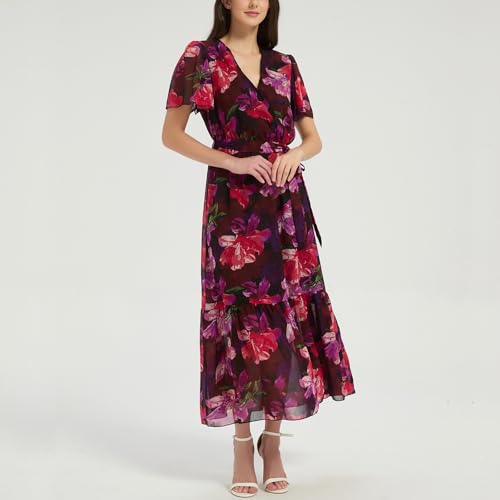 Image of Women's Summer Bohemian Floral Chiffon Dress Cap Sleeve V Neck Ruffle Long Flowy Boho Casual Vacation Dresses