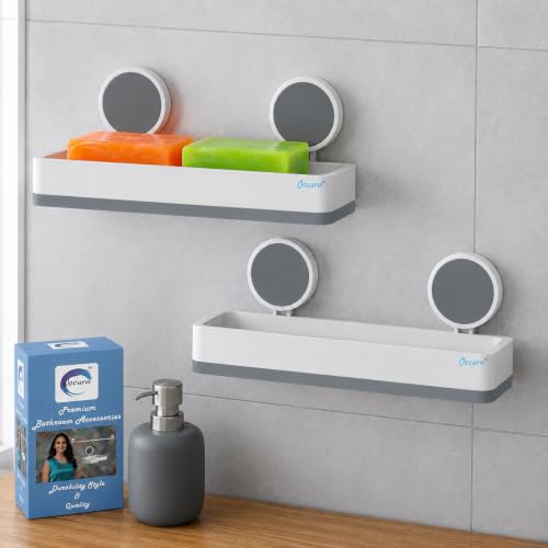 Image of Soap Holder Pack of 2 | Large Adhesive Dish 4 Soaps | Drill free wall mounted bathroom organizer. Stickable washbasin plastic stand set for shared family washrooms. Wall safe.