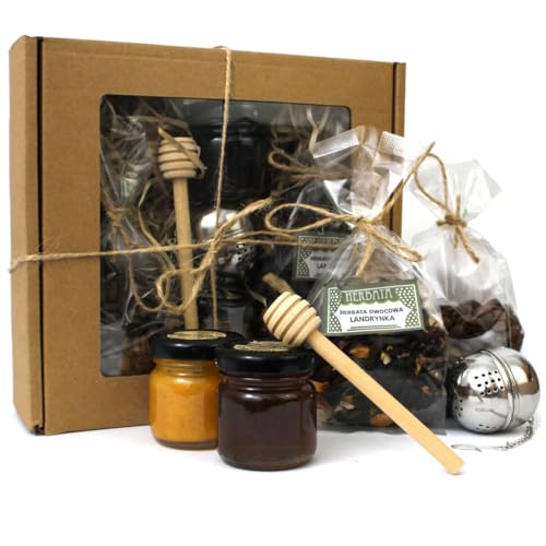 Set vot Honig mit Tee und Kaffee | Honig mit Sanddorn und Honigtauhonig | Brasilianische Kaffeebohne Tucangua Santos 50g | Früchtetee 50g | Universeller Metallbrüher für Tees, Kräuter, Yerba Mate