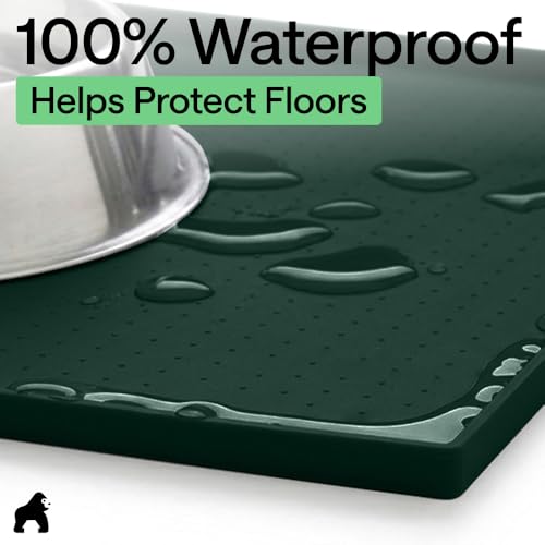 Image of GORILLA GRIP 100% Waterproof Raised Edge BPA Free Silicone Pet Feeding Mat, Dog Cat Food Mats Contain Spills Protects Floors, Placemats for Cats and Dogs Water Bowl, Pets Accessories 16x10, Green
