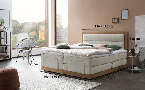 Belanoti MODELA Boxspringbett 180x200 elektrisch verstellbar 7-Zonen Taschenfederkern Matratze inkl Visco Topper Bett 180x200 mit Motor Farbe Beige H2/H3 Polsterbett Motorbett Massivholz Eiche – Bild 3