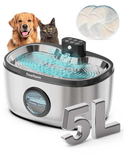 5L Trinkbrunnen für Hunde, Edelstahl Hundebrunnen mit LED Sensor, Katzenbrunnen Kabellos mit 4000mAh, 4-Schicht Filtration (Edelstahl, 5L)