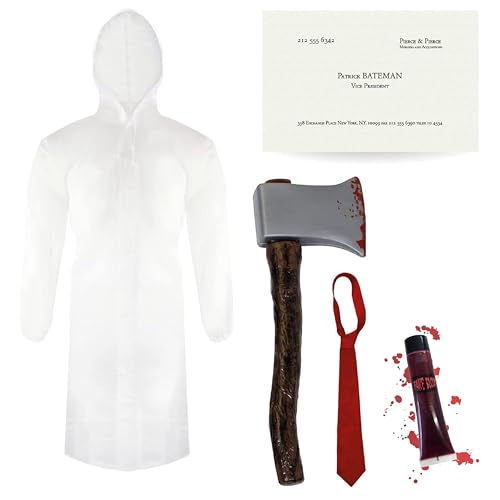 Patrick Bateman mittelgroßes Erwachsene Kostüm schwarzer Anzug durchsichtiger Regenmantel rote Krawatte falsche Axt Visitenkarte und Kunstblut Halloween-Kostüm für Herren