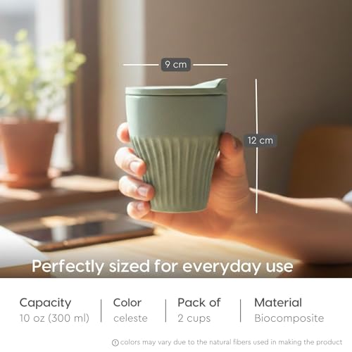 Image of Eha Earth Friendly Rafter Coffee Mug with Lid | Tea Cup Set | 300 ml | Made with Rice Husk | Microwave Safe Mugs for Gifting | 2 Unit | Celeste
