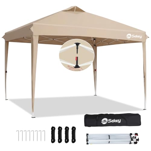 Sekey Pop Up Pavillon 3x3 Wasserdicht Stabil Winterfest, Faltpavillon 3 x 3 m, Camping Pavillion Faltbar Partyzelt mit Belüftung, Höhe Verstellbar in 3 Stufen, (Beige, 3x3 ohne Seitenteile)
