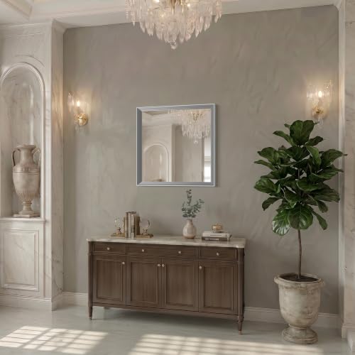 Image of DESBING 24 inchx24 inch Silver Bathroom Mirrors for Over Sink | Tempered Glass, Metal Frame, Rectangle Vanity Wall Mirror for Bathroom, Living Room, Bedroom, Horizontally or Vertically