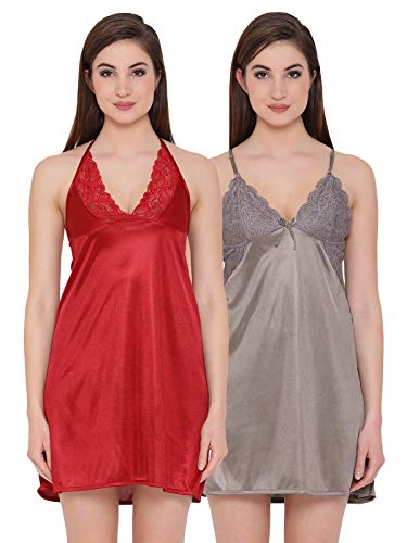 Clovia Women's Pack of 2 Satin Babydoll with Lacy Cups (COMBNS104_Multi-Coloured_XL) Deal