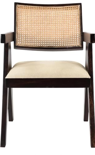 Image of Modern Cane Back Accent Chair, Black Wood Frame with Natural Rattan, Ivory Cushioned Seat, Contemporary Living Room Furniture