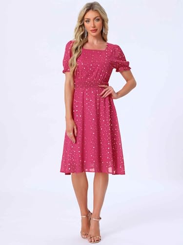 Image of Allegra K Party Midi Dress for Women Ruffle Short Sleeve Elastic Waist A-Line Metallic Star Dresses