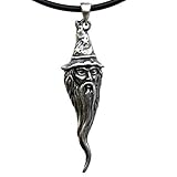 Magic Jewelry Long Beard Wizard Merlin Dumbledore Warlock Pagan Wicca silver pewter men's pendant necklace Wealth Money Luck Good luck Charm Protection Amulet Safe travel Talisman Black PVC Cord