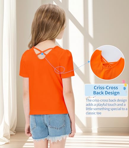 Image of Girls Casual Solid Crewneck Top Short Sleeve Soft T-Shirt with Crisscross Back Design Orange 9-10
