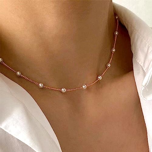 DIBOLA Dainty Pearl Necklaces for Women 14K Gold/Silver Plated Cute Single Pearl Necklace Elegant Small Tiny Pearl Choker Thin Chain Necklace Simple White Pearl Drop Y Long Necklace Freshwater Pearled Pendant Necklace Pearls Jewelry Gift3