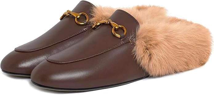 Vertundy Fur Mules with Matal Buckle Slip On Flats for Women Backless Sandals Dress Shoes Work Slides