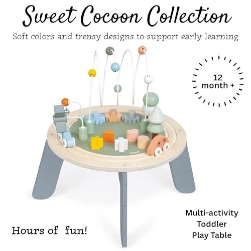 Janod J04402 Sweet Cocoon Wooden Activity Multi-Play Table Toddlers – Fine Motor Development – Non-Slip Feet – Water Painted and FSC Certified – Suitable for Age 1 Year and Above