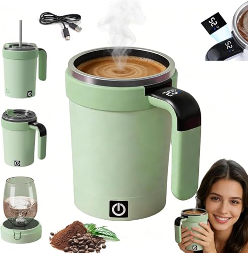 Self Stirring Coffee Mug Rechargeable Automatic Mixing Cup with LED Temperature Display Travel Mug with Whisk and Detachable Base for Coffee Protein Shakes Matcha Milk and More (Green 380ml)