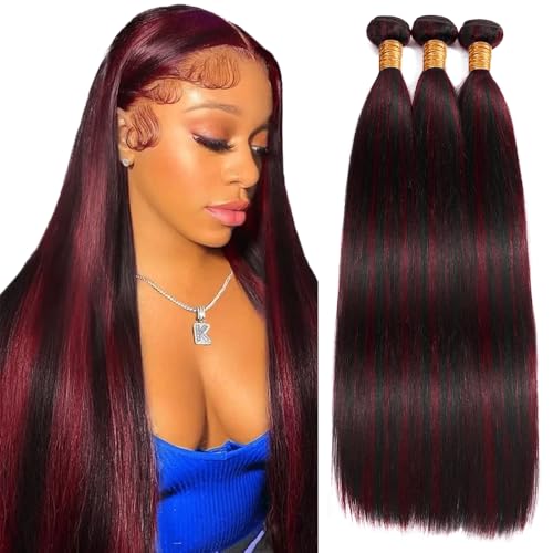 SUHKRPT 12-16 Inch Burgundy Highlight Straight Human Hair Bundles, 8A Grade, 95-105g/Bundle, 3 Bundles for Full Head, Tangle Free, Sew-In Hair Extensions